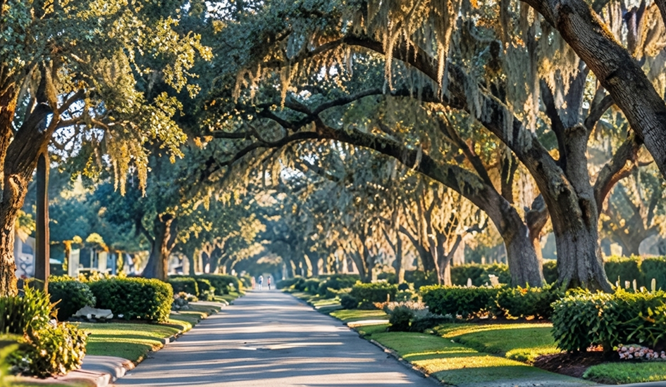 Tree-lined cemetery path draped in Spanish moss