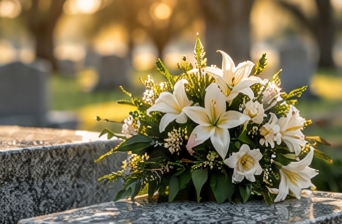 White lilies resting on a granite headstone at golden hour