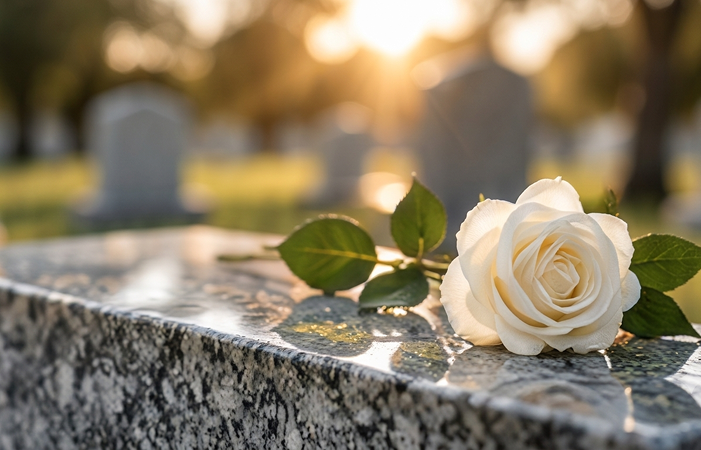 White rose resting on a granite headstone