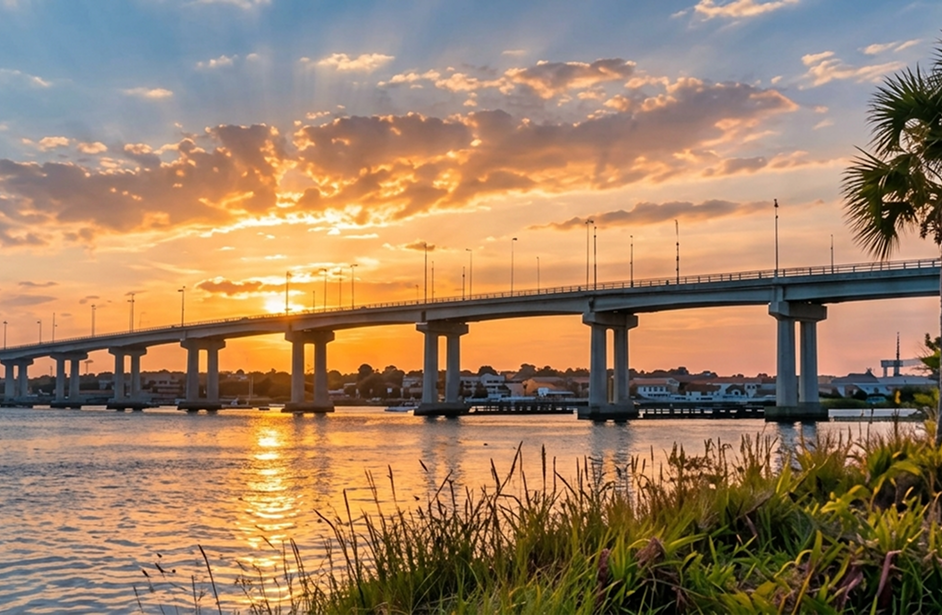 New Smyrna Beach riverfront at sunset