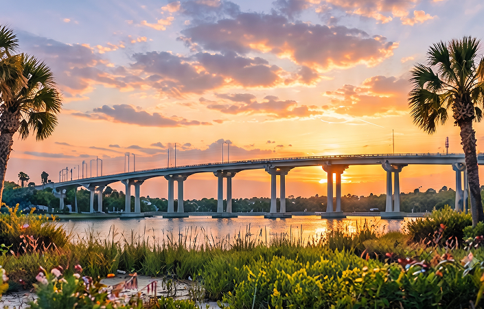 Sunset over a bridge and waterway in New Smyrna Beach