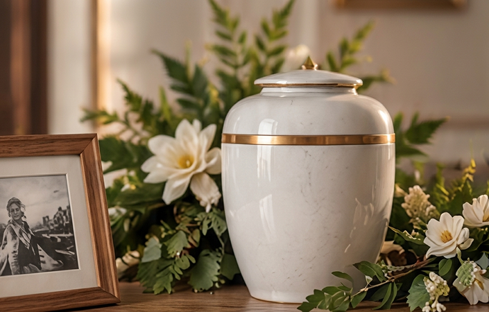 White urn with gold band beside a framed photograph and white flowers