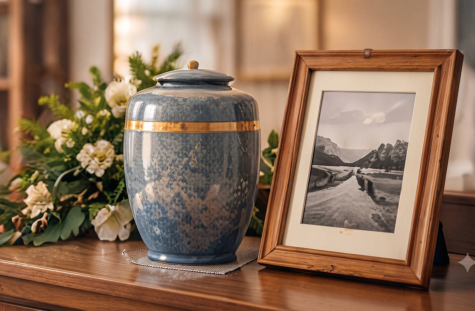 Blue ceramic urn beside a framed photograph and white flowers