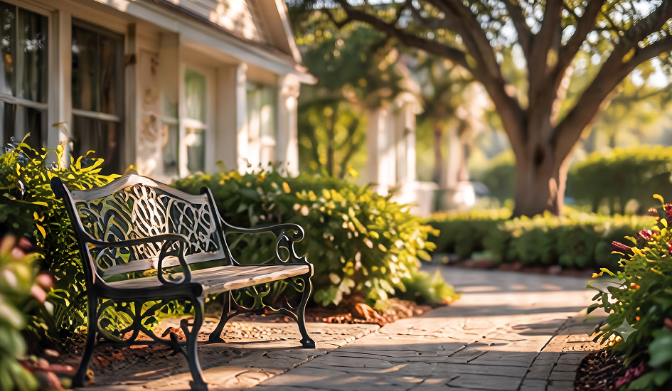 Garden bench on a sunlit path beside a home