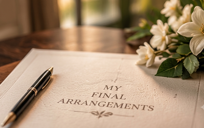 Notebook titled My Final Arrangements with a fountain pen and white flowers