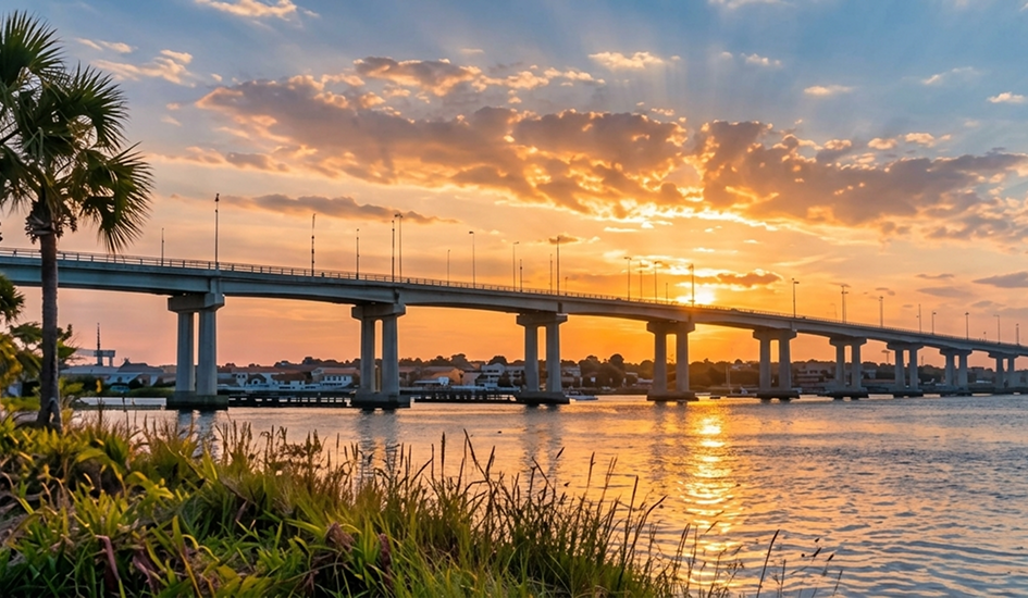 Sunset over a bridge and waterway in New Smyrna Beach
